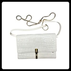 Elizabeth James White Croc Embossed Leather‎ Chain Crossbody Flap Bag